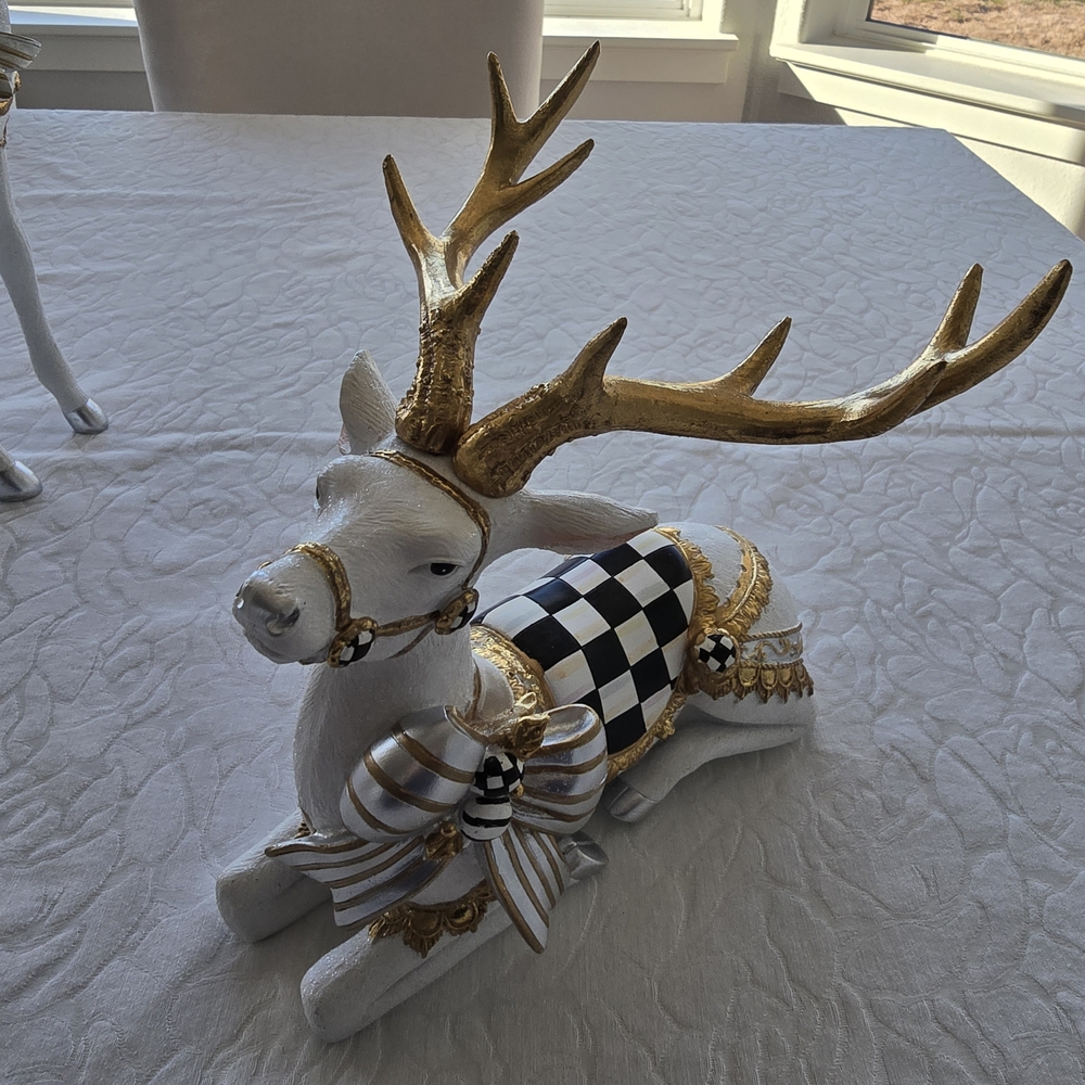 Set of Mckenzie Childs Courtly Check White Bow Deer. Holiday Gorgeous! - Picture 2 of 16